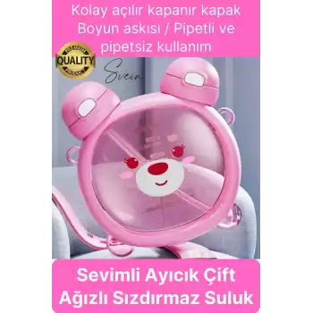Sevimli Ayıcıklı Çocuk Suluğu Çift Kapaklı Pipetli Boyun Askılı Su Matarası Şişesi Pembe Sticker