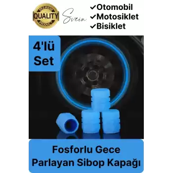 Özel Üretim Mavi Fosforlu Sibop Kapağı 4 Set Tüm Araçlarla Uyumlu Gece Parlayan Sibob Jant Tekerlek