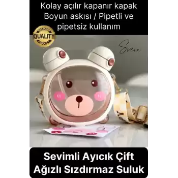 Sevimli Ayıcıklı Çocuk Suluğu Çift Kapaklı Pipetli Boyun Askılı Su Matarası Şişesi Beyaz Sticker