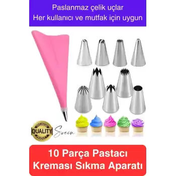 Uzun Ömürlü 10 Parça Paslanmaz Çelik Pasta Krema Sıkma Aparatı Seti Kesesi Torbası Dekoratif Süsleme