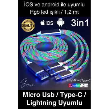 Özel Üretim Rgb Led Işıklı 3ü 1 Arada Şarj Kablosu Micro Usb Type-C Lightning Apple İphone Uyumlu