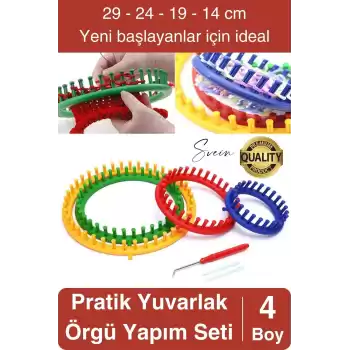 Pratik Yuvarlak Örgü Yapım Seti 4 Boy El Yapımı Atkı Bere Örme Tezgahı Kanca Plastik İğne Dokuma
