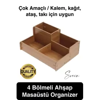 Özel Üretim 4 Bölmeli Masa Üstü Ahşap Kalem Kağıt Ataş Takı Organizeri Düzenleyici Kutu Ofis Masası