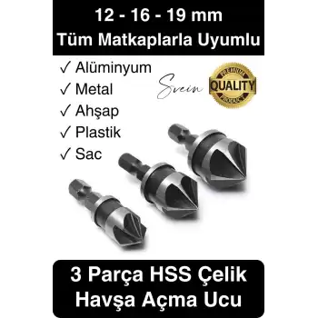 A Kalite 3 Parça Premium Havşa Açma Matkap Ucu Seti HSS Bits Uçlu Paslanmaz Çelik Kalın 12-16-19 mm
