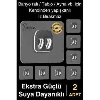 2 Ad. Ekstra Güçlü Kendinden Yapışkanlı İz Bırakmaz Suya Dayanıklı Banyo Rafı Tablo Ayna Askı Kanca