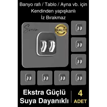 4 Ad. Ekstra Güçlü Kendinden Yapışkanlı İz Bırakmaz Suya Dayanıklı Banyo Rafı Tablo Ayna Askı Kanca