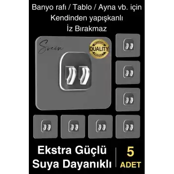 5 Ad. Ekstra Güçlü Kendinden Yapışkanlı İz Bırakmaz Suya Dayanıklı Banyo Rafı Tablo Ayna Askı Kanca