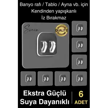 6 Ad. Ekstra Güçlü Kendinden Yapışkanlı İz Bırakmaz Suya Dayanıklı Banyo Rafı Tablo Ayna Askı Kanca