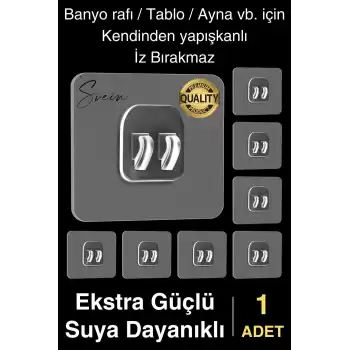 1 Ad. Ekstra Güçlü Kendinden Yapışkanlı İz Bırakmaz Suya Dayanıklı Banyo Rafı Tablo Ayna Askı Kanca