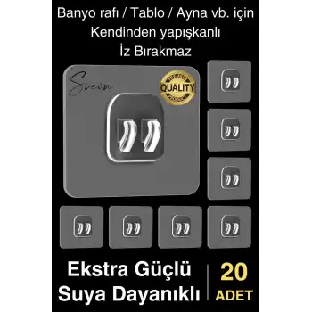 20 Ad. Ekstra Güçlü Kendinden Yapışkanlı İz Bırakmaz Suya Dayanıklı Banyo Rafı Tablo Ayna Askı Kanca