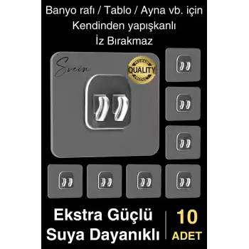 10 Ad. Ekstra Güçlü Kendinden Yapışkanlı İz Bırakmaz Suya Dayanıklı Banyo Rafı Tablo Ayna Askı Kanca