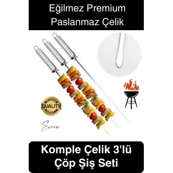 3 Adet 40 cm Premium Paslanmaz Çelik Saplı Izgara Şişleri Et Tavuk Barbekü Kebap Mangal Adana Urfa
