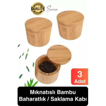 Premium Doğal Bambu Saklama Kabı Ahşap Baharat Kavanozu Kutusu Döner Kapaklı Mutfak Yuvarlak Tuz