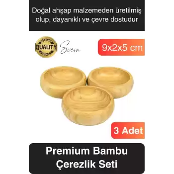 Premium 3lü Doğal Bambu Çerezlik Seti Ahşap Dekoratif Sade Kase Yuvarlak Atıştırmalık Kabı Sosluk