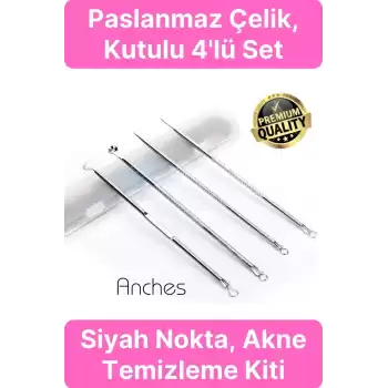 Siyah Nokta Akne Temizleyici Giderici Çıkarıcı Cilt Bakım 4lü Set Kutulu Yağ bezesi Sivilce İğnesi