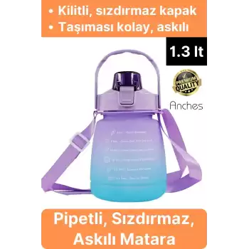 Askılı 1.3 Lt Pipetli Kilitli Sızdırmaz Kapak Tutacaklı Motivasyon Suluk Matara Kamp Okul Bpa Free