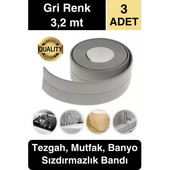 Premium Gri Ocak Tezgah Kenarı Banyo Mutfak Sızdırmaz Bant Su Geçirmez Küfe Dayanıklı 3,2 mt 3 Adet