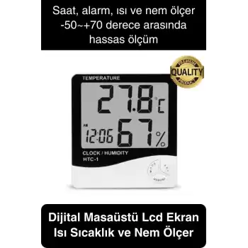 Premium Dijital Masaüstü Lcd Ekran Isı Sıcaklık ve Nem Ölçer Termometre Saat Alarm Pilli Beyaz