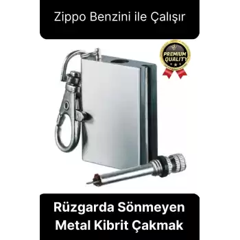 Benzinle Çalışan Rüzgarda Sönmeyen ve Taşınabilir Şık Anahtarlık Tasarım Metal Kibrit Çakmak Kamp