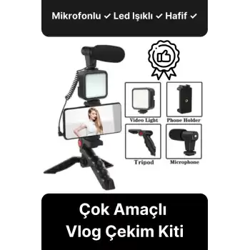 Ayarlanabilir Mikrofonlu Ses Kayıt Led Işıklı Çekim Selfie Çubuğu Canlı Yayın Tripod Vlog Çekim Kiti