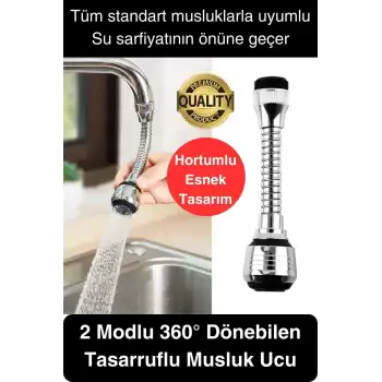 Premium 2 Modlu Hortumlu 360° Dönebilen Perlatör Başlık Mutfak Lavabo Tasarruflu Musluk Ucu Tasarım