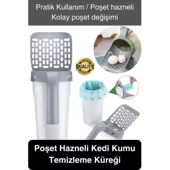 Yeni Nesil Premium Kedi Kumu Temizleme Küreği Elekli Hazneli Kaka Poşeti Hediyeli Büyük Boy Pratik