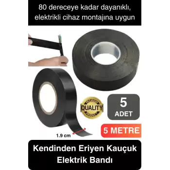 Süper Güçlü 5 Adet Siyah Kauçuk Kendinden Eriyen Bant Elektrik Sızdırmazlık Bandı 5 mt 1.9 cm