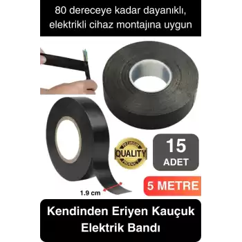 Süper Güçlü 15 Adet Siyah Kauçuk Kendinden Eriyen Bant Elektrik Sızdırmazlık Bandı 5 mt 1.9 cm