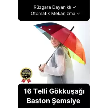 Özel Tasarım Rüzgara Dayanıklı Otomatik Model Fiber 16 Telli  Gökkuşağı Desenli Baston Şemsiye 55cm