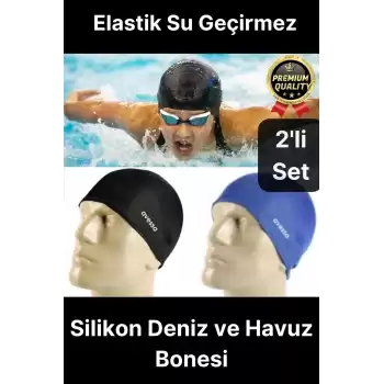 Özel Üretim Silikon Su Geçirmez Kaymaz Yüzücü Deniz ve Havuz Elastik Yüzme Şapkası Bonesi 2li Set
