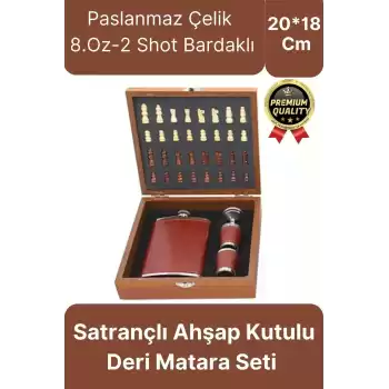 Deluxe Paslanmaz Çelik 8.Oz 2 Shot Bardaklı Satrançlı Ahşap Kutulu Alkol Deri Matara Seti 20*18 Cm