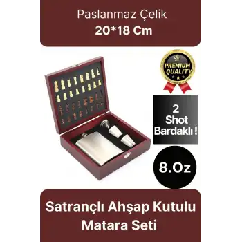 Deluxe Paslanmaz Çelik 8.Oz 2 Shot Bardaklı Satrançlı Ahşap Kutulu Alkol Matara Seti 20*18 Cm