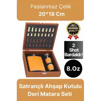 Deluxe Paslanmaz Çelik 8.Oz 2 Shot Bardaklı Satrançlı Ahşap Kutulu Alkol Deri Matara Seti 20*18 Cm