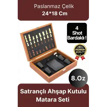 Deluxe Paslanmaz Çelik 8.Oz 4 Shot Bardaklı Satrançlı Ahşap Kutulu Alkol Matara Seti 24*18 Cm