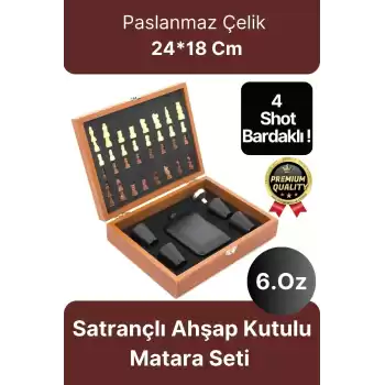 Deluxe Paslanmaz Çelik 6.Oz 4 Shot Bardaklı Satrançlı Ahşap Kutulu Alkol Matara Seti 24*18 Cm