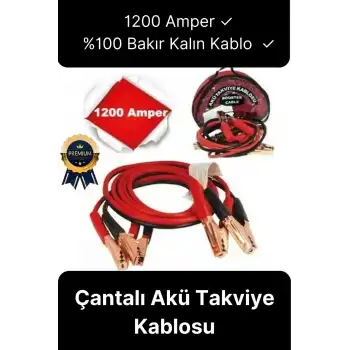 Çantalı %100 Bakır Kalın Kablo ve Hızlı Şarj Güçlü 1200 Amper Oto Araç Akü Şarj Takviye Kablosu 2m