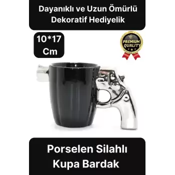 Özel Tasarım Dekoratif Hediyelik Porselen Siyah Silah Görünümlü Gümüş Tutacaklı Kupa Bardak 10*17 Cm