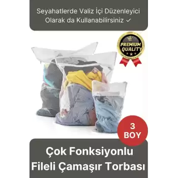Çok Fonksiyonlu Dayanıklı Yıkama Renkli Fermuarlı Kirli Temiz Sepeti Fileli Çamaşır Torbası 3 Adet