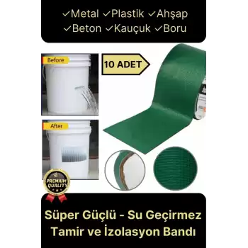 Premium Dayanıklı Süper Güçlü Su Geçirmez Sızdırmaz Yeşil Tamir ve İzolasyon Bandı 48mm x 10m-10Adet