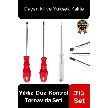 Premium Dayanıklı Ergonomik Vidalama Tamir Tadilat Yıldız Düz Kontrol Kalemi 3lü Tornavida Seti
