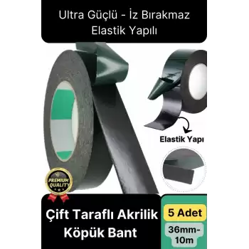 Premium Ultra Güçlü İz Bırakmaz Elastik Yapılı Çift Taraflı Akrilik Köpük Bant 36mm - 10m - 5 Adet