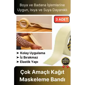 Çok Amaçlı Isıya Suya Dayanıklı Kolay Sökülebilen 25mt Krep Kağıt Maskeleme Boya Badana Bandı-3 Adet