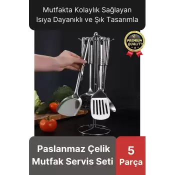 Çok Amaçlı Paslanmaz Çelik Isıya Dayanıklı Saplı Spatula Kepçe 5 Parça Standlı Mutfak Servis Seti