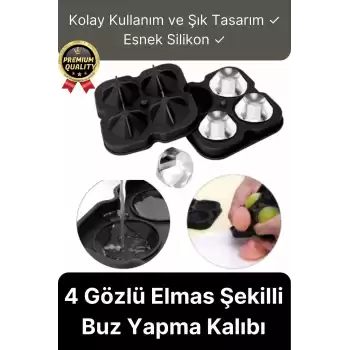 Kolay Kullanım Şık Silikon 4 Gözlü Esnek Buzluk Bar Kokteyl İçecek Elmas Şekilli Buz Yapma Kalıbı