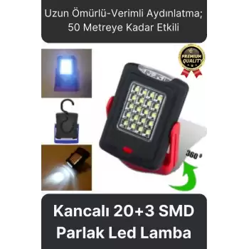 Premium Kancalı Asılabilir Mıknatıslı Pilli Beyaz Işık 50 Metre Mesafeli 20+3 SMD Parlak Led Lamba