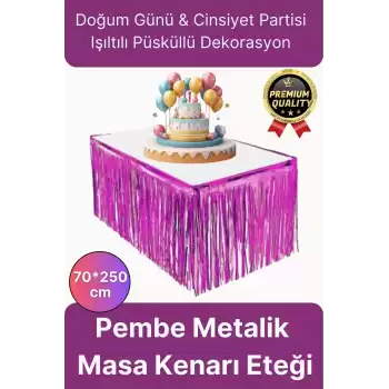 Premium Dekorasyon Püsküllü Işıltılı Doğum Günü Cinsiyet Partisi Pembe Masa Kenarı Eteği 70*250cm