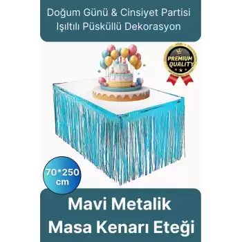 Premium Dekorasyon Püsküllü Işıltılı Doğum Günü Cinsiyet Partisi Mavi Masa Kenarı Eteği 70*250cm