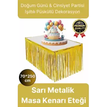 Premium Dekorasyon Püsküllü Işıltılı Doğum Günü Cinsiyet Partisi Sarı Masa Kenarı Eteği 70*250cm