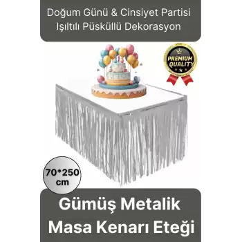 Premium Dekorasyon Püsküllü Işıltılı Doğum Günü Cinsiyet Partisi Gümüş Masa Kenarı Eteği 70*250cm