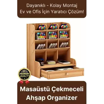 Premium Demonte Ev Ofis Masaüstü Çapraz 9 Bölmeli Kalemlik Çekmeceli Ahşap Organizer Düzenleyici